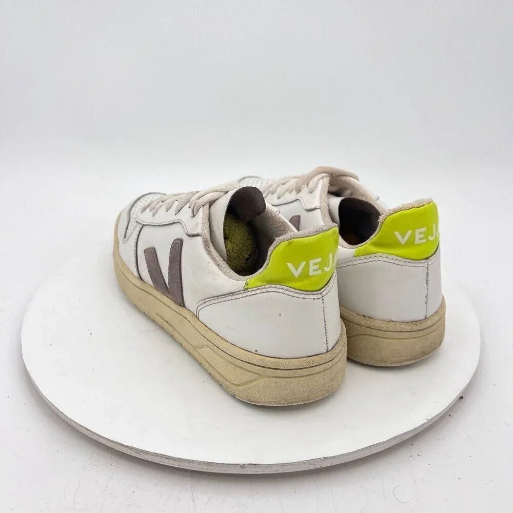 Veja V-10 Women Sz 6 White Neon Leather Brown Stitch V Logo Suede Training Shoes